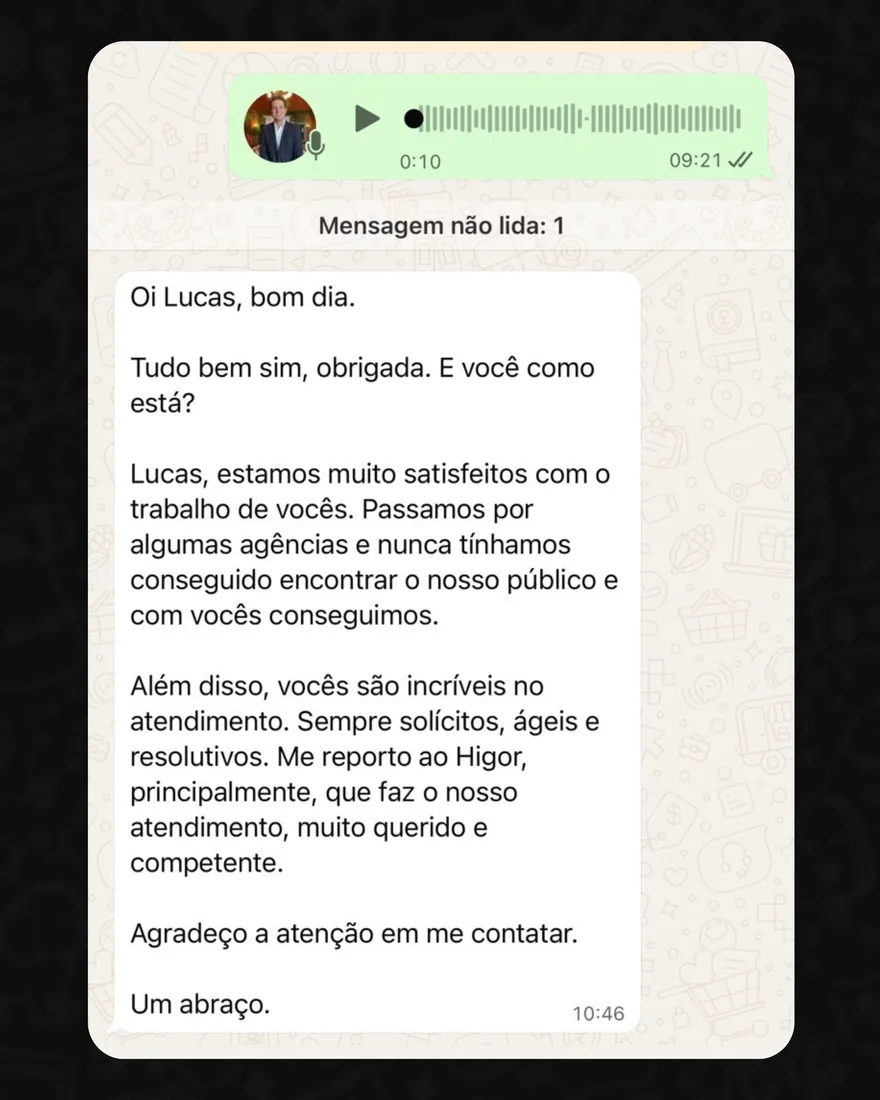 Mensagem de cliente da RPF no WhatsApp comemorando contratos fechados