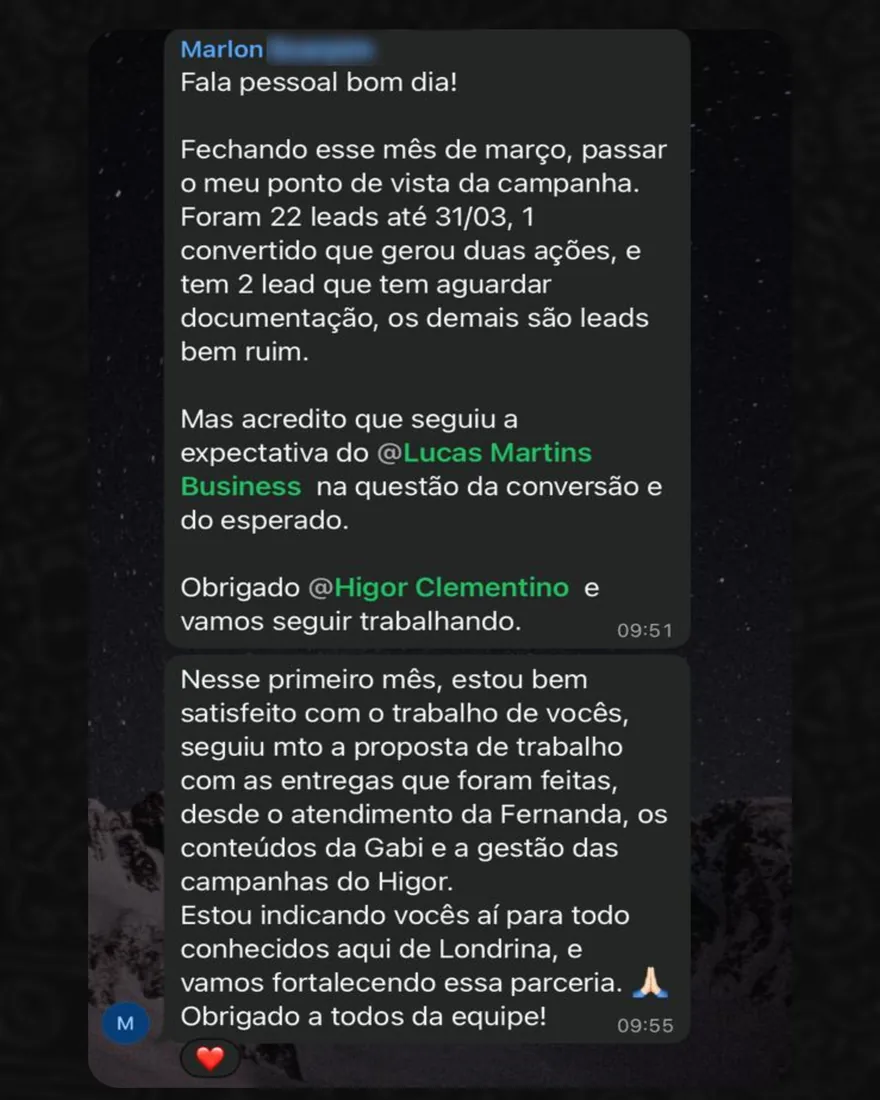 Mensagem de cliente da RPF no WhatsApp comemorando contratos fechados