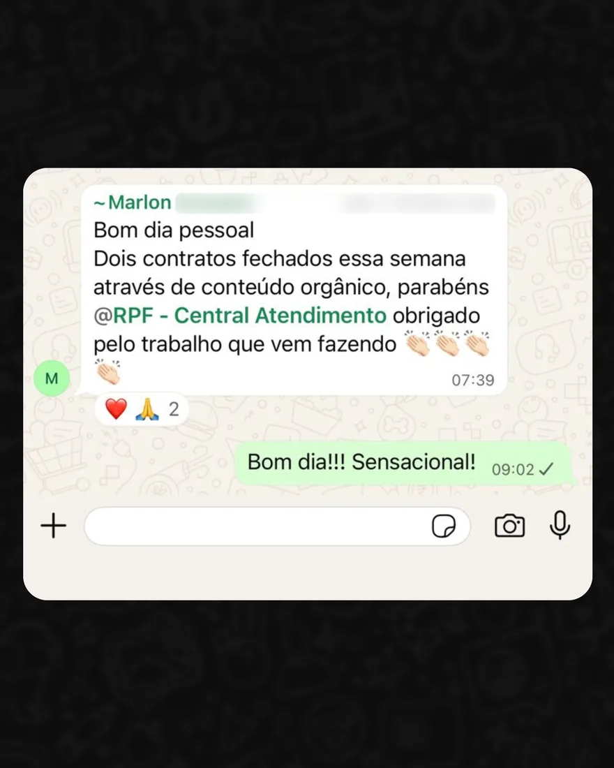 Mensagem de cliente da RPF no WhatsApp comemorando contratos fechados